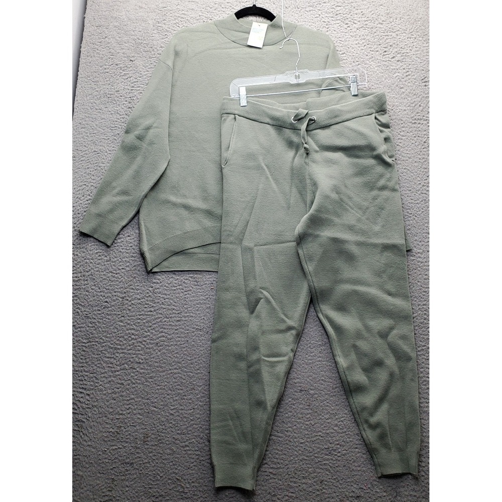 Primark Cares 2 Piece Loungewear Set Womens Medium Green Knit Mock Neck Pullover